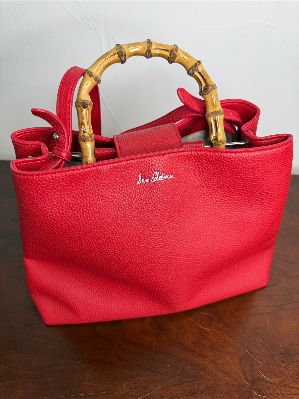 Sam Edelman Red Bamboo Handle Tote Crossbody Bag - Picture 2 of 7